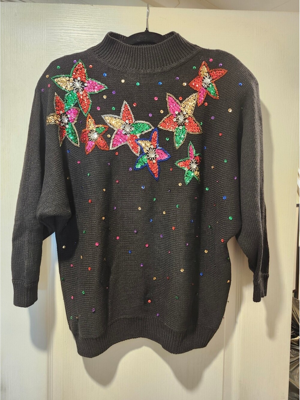 Vintage Ugly Christmas Sweater by SHENANIGANS Sz L Sequins & Shoulder Pads!